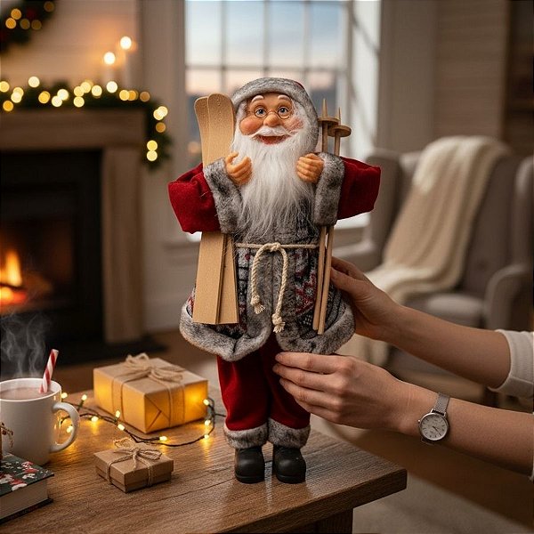 Papai Noel Decorativo em Pé com Equipamento de Ski - Vermelho e Branco  - 30cm - 1 unidade - Rizzo