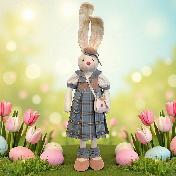 Enfeite Decorativo de Páscoa - Coelho de Vestido Xadrez e Bolsa - 80cm - 1 unidade - Cromus - Rizzo