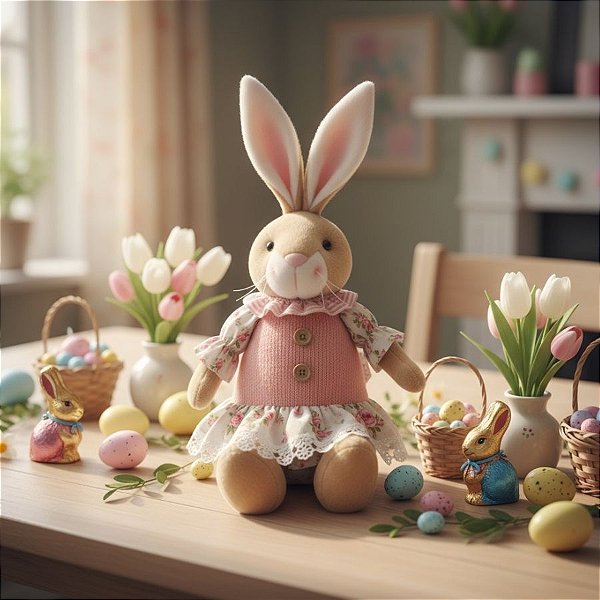 Enfeite decorativo de Páscoa - Coelho Sentado de Vestido Rosa - 34x18x15cm - 1 unidade - Cromus - Rizzo