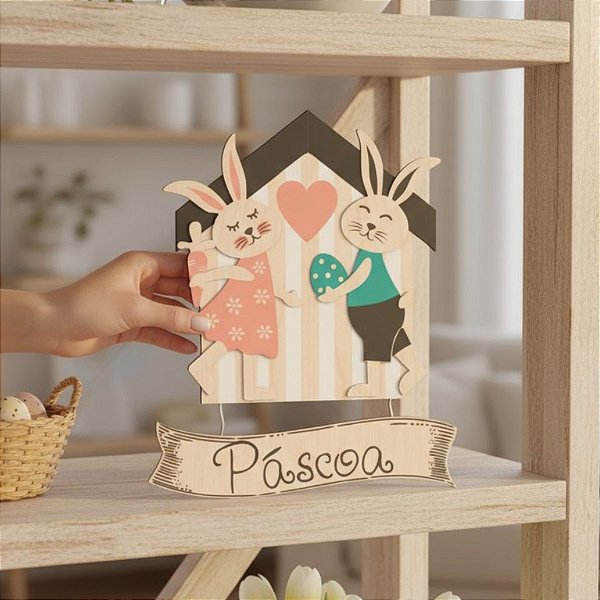 Placa Decorativa de Páscoa - Coelhos e Ovo de Páscoa - 28x26cm - 1 unidade - Rizzo