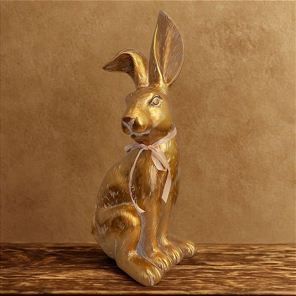 Enfeite Decorativo de Páscoa - Coelho Dourado com Laço - 45,5x16x21cm - 1 unidade - Tok da Casa - Rizzo