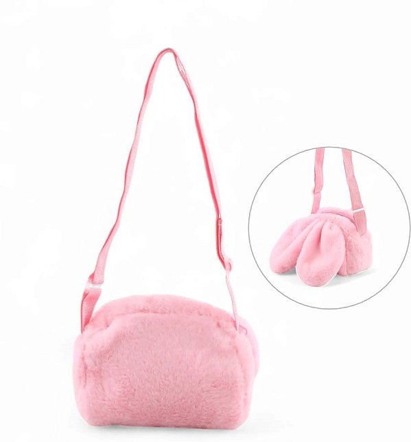 Bolsa Pelúcia Orelha de Coelho com Alça - Rosa - 16cm - 1 unidade - Cromus - Rizzo