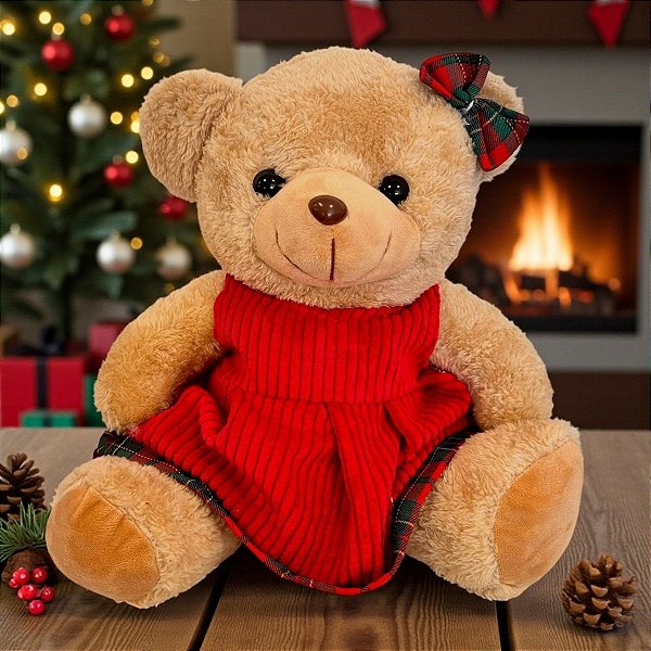 Ursa de Pelúcia - Roupa Vermelha e Laço - 25cm - 1 unidade - Cromus - Rizzo