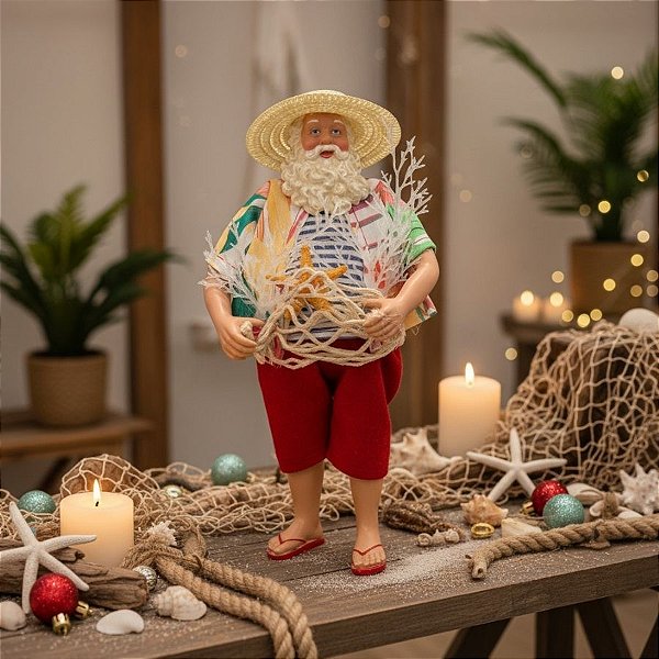 Papai Noel Decorativo em Pé Férias na Praia - Rede de Pesca - 28cm - 1 unidade - Rizzo
