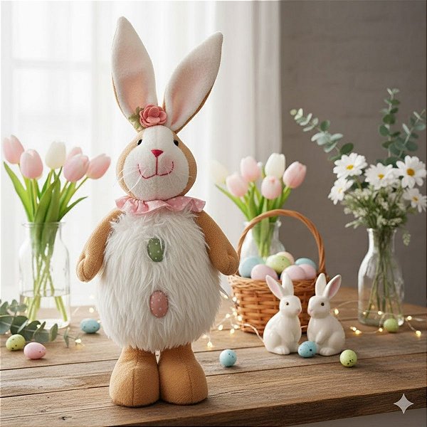 Enfeite Decorativo de Páscoa - Coelho Peludo com Ovinhos - 46cm - 1 unidade - Rizzo