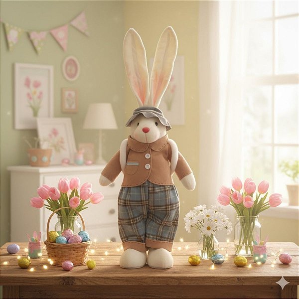 Enfeite Decorativo de Páscoa - Coelho de Roupa Xadrez e Bolsa - 51cm - 1 unidade - Cromus - Rizzo
