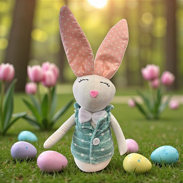 Enfeite Decorativo de Páscoa - Coelha com Roupa Verde e Bolinhas - 27cm - 1 unidade - Rizzo