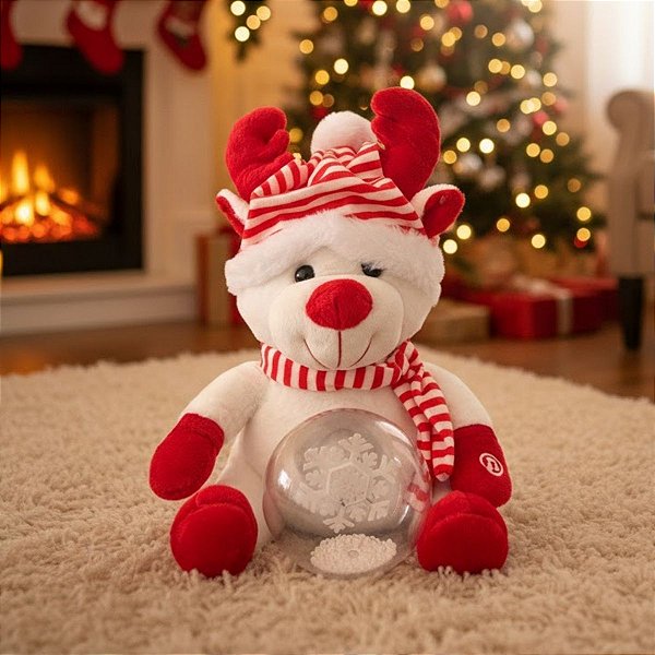 Pelúcia de Natal com Luz, Som e Movimento - Rena Branca com Globo de Neve - 30cm - 1 unidade - Rizzo