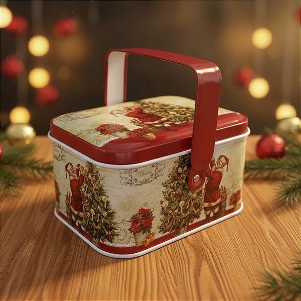 Lata de Metal Retangular Com Alça de Natal - Noel Clássico - 6x10,5x8cm - 1 unidade - Rizzo