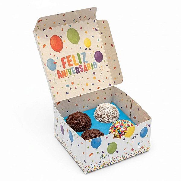 Caixa 4 Doces Quadrada - Feliz Aniversário - 9x9x4,5cm - 1 unidade - Regina - Rizzo