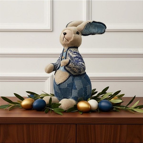 Enfeite Decorativo de Páscoa - Coelho com Roupa Bordads Jeans Azul - Linha Realeza Premium - 36x23x19cm - 1 unidade - Ri