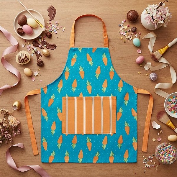 Avental de Páscoa - Azul e Laranja com Cenouras - 48x68cm - 1 unidade - Cromus - Rizzo
