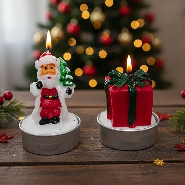 Velas Decorativa de Natal - Dupla Natalina Papai Noel e Presente - 6x5cm - 1 unidade - Rizzo