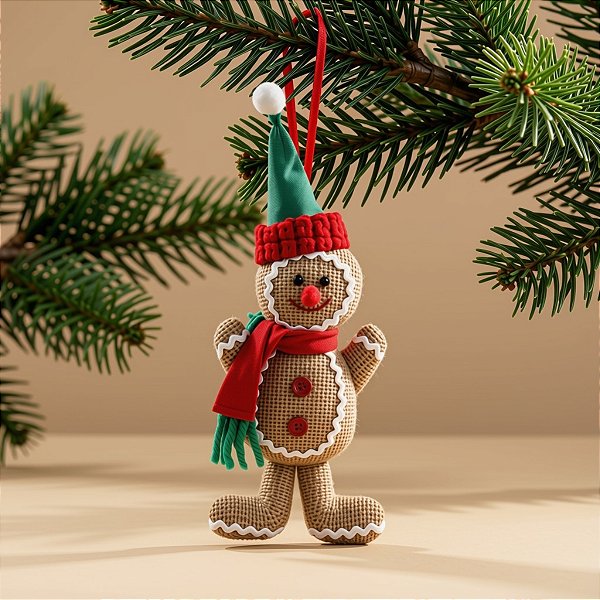 Enfeite de Pendurar de Natal - Boneco Gingerbread com Touca e Cachecol - 7x11x3cm - 1 unidade - Cromus - Rizzo