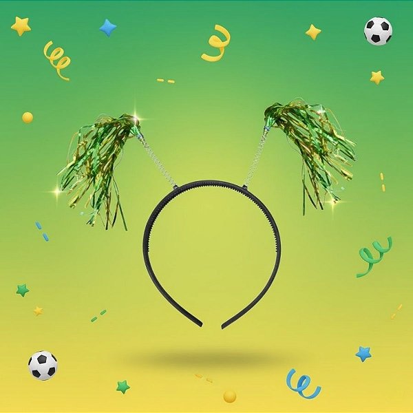 Tiara Rafia Pom Pom - Verde e Amarelo - 11,5x20cm  - 12 unidades - Rizzo