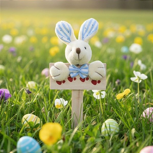 Mini Placa Patinhas Coelho de Páscoa com Laço Azul Listrado - 18.5cm - 1 unidade - Cromus - Rizzo