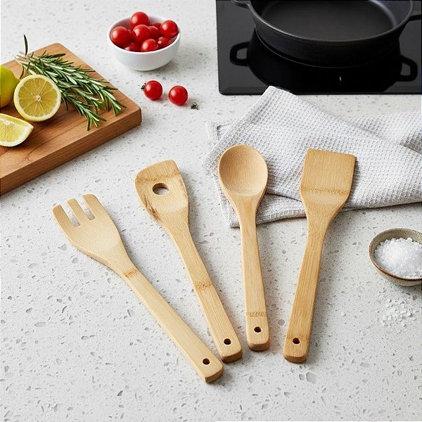 Kit 4 Utensílios de Bambu Essential - 30,2x6,1x3cm - 1 unidade - Rizzo