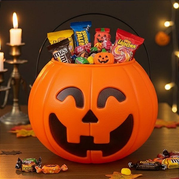Baldinho de Halloween com Alça - Abóbora Laranja Neon - 13,5x17,5cm - 1 unidade - Rizzo