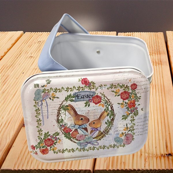 Lata de Metal Retangular com Alça de Páscoa - Coelha e Filho com Flores - 10,5x8x6cm  - 1 unidade - Rizzo - Rizzo