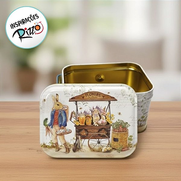 Lata de Metal Retangular com Alça de Páscoa - Coelho e Carrinho de Flores - 10,5x8x6cm - 1 unidade - Rizzo - Rizzo