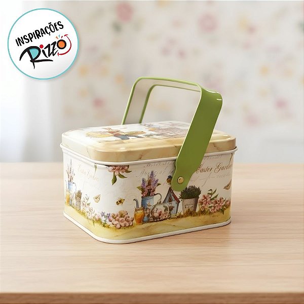 Lata de Metal Retangular com Alça de Páscoa - Coelho em Jardim de Páscoa - 10,5x8x6cm - 1 unidade - Rizzo - Rizzo