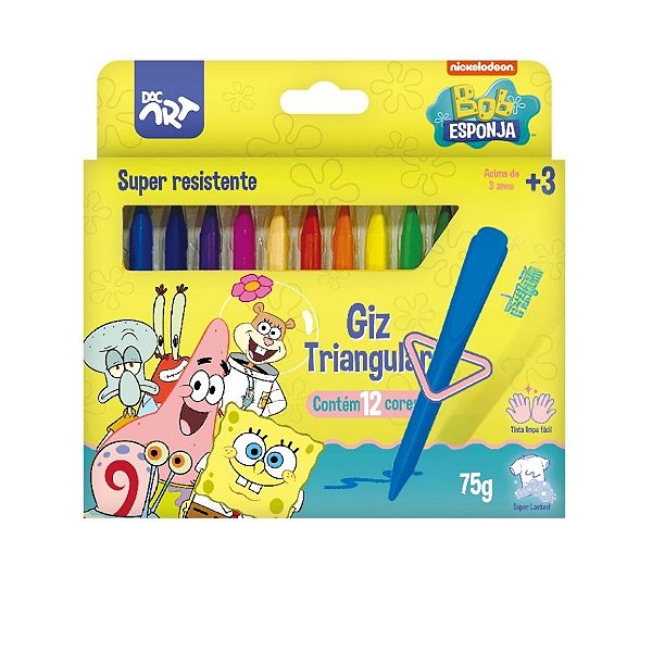 Giz de Cera Triangular Bob Esponja 12 Cores - Ref. 4739 - 12 unidades - DAC Art - Rizzo