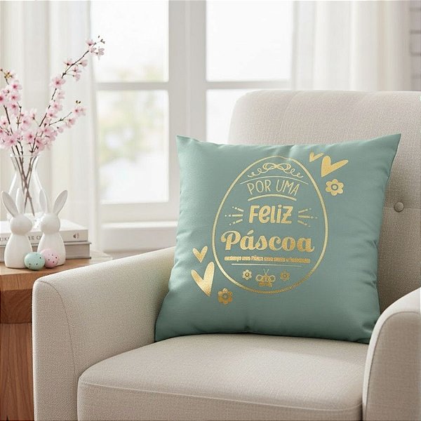 Capa para Almofada de Páscoa - Por Uma Feliz Páscoa - Verde Menta e Dourado - 43x43cm - 1 unidade - Rizzo