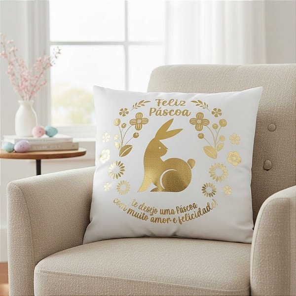 Capa para Almofada de Páscoa - Feliz Páscoa - Branco e Dourado - 43x43cm - 1 unidade - Rizzo