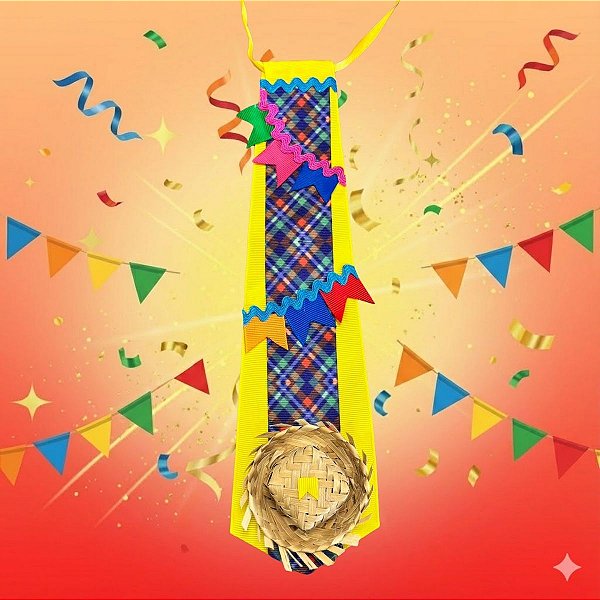 Gravata de Festa Junina - Amarela com Detalhes Azuis - 28,5cm - 1 unidade - Rizzo