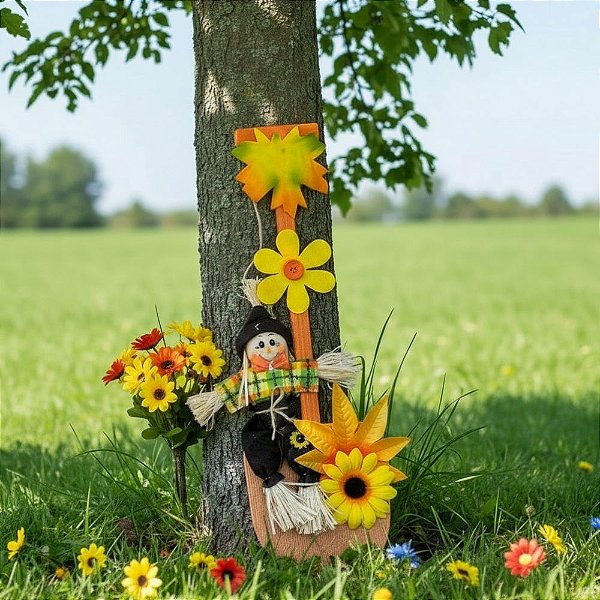 Enfeite Decorativo de Festa Junina Vaso com Espantalho - Laranja - 43,5x13cm - 1 unidade - Partiufesta - Rizzo