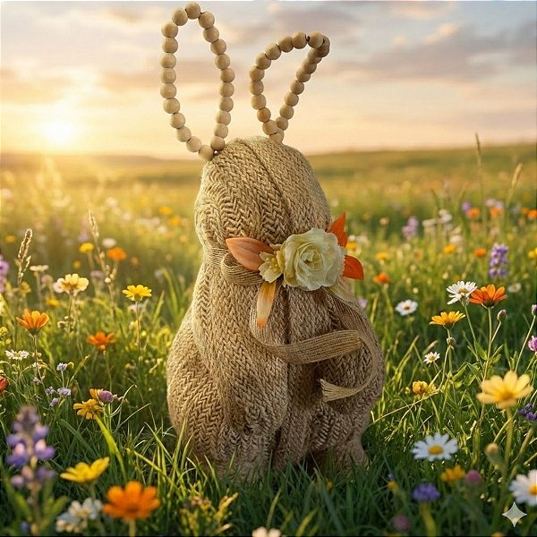 Enfeite Decorativo de Páscoa - Coelho de Palha com Flor - 31x16x14cm - 1 unidade - FlorArte - Rizzo