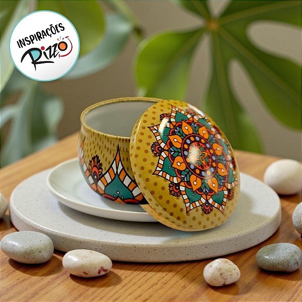 Lata De Metal Estampa De Mandala - Verde, Laranja - 7x7x4cm - 130ml - 1 unidade - Rizzo
