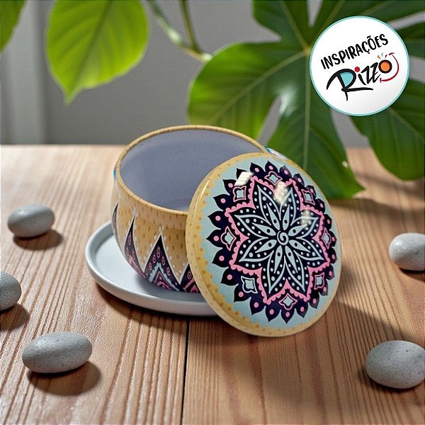 Lata De Metal Estampa De Mandala - Bege, Azul e roxo - 7x7x4cm - 130ml - 1 unidade - Rizzo