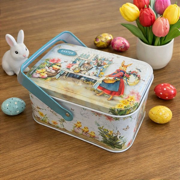 Lata de Metal Retangular com Alça de Páscoa - Coelha de Vestido Vermelho - 10,5x8x6cm - 1 unidade - Rizzo