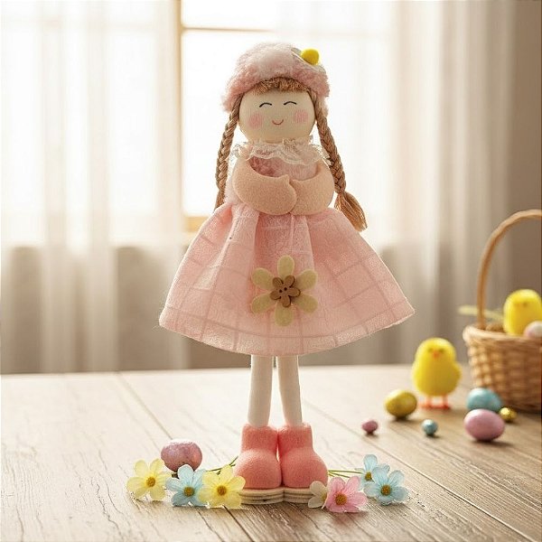 Enfeite Decorativo de Páscoa - Menina com Touca de Coelho Branca - 7x27x5,5cm - 1 unidade - Rizzo