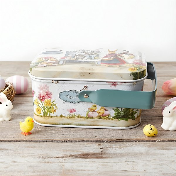 Lata de Metal Retangular com Alça de Páscoa - Coelha de Vestido Vermelho - 10,5x8x6cm - 1 unidade - Rizzo