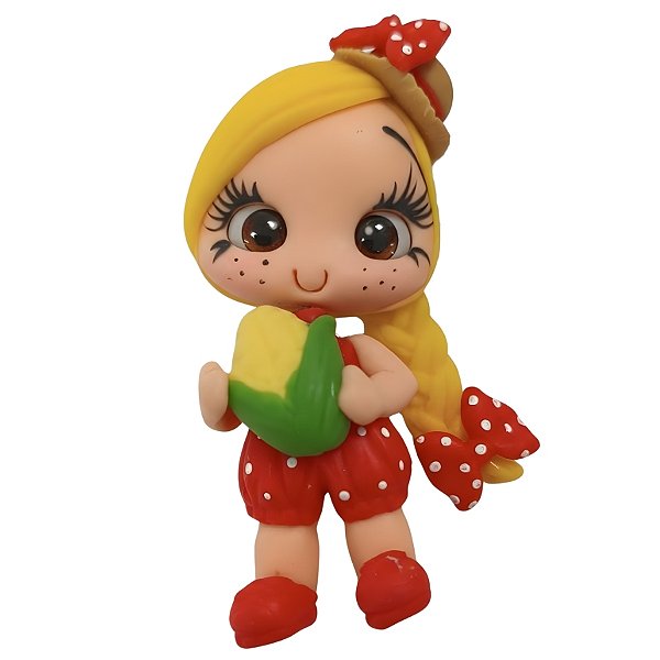 Boneca Caipira Menina em Biscuit - Roupa Vermelha com Milho - 6cm - 1 unidade - Rizzo
