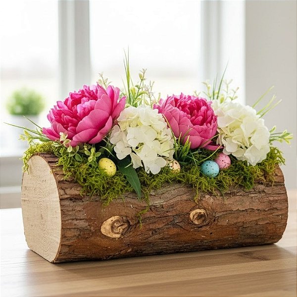 Cesta Decorativa de Páscoa - Tronco Com Musgo - 13x27x14cm - 1 unidade - Cromus - Rizzo