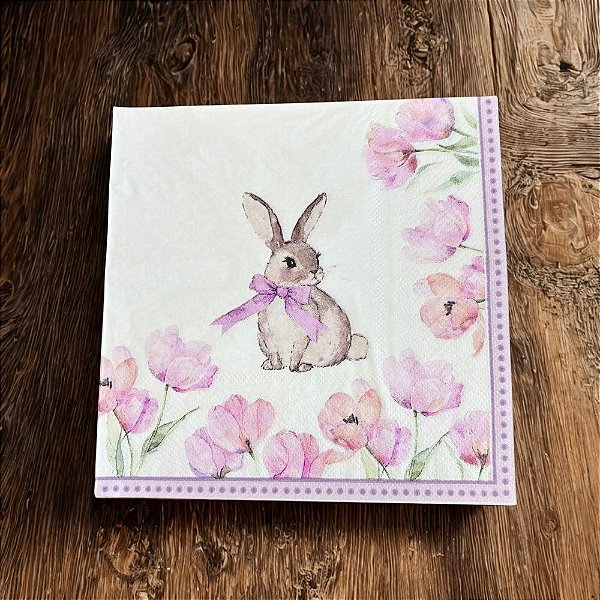 Guardanapo de Páscoa - Coelho com Flores Roxas - 33x33cm - 20 unidades - Cromus - Rizzo