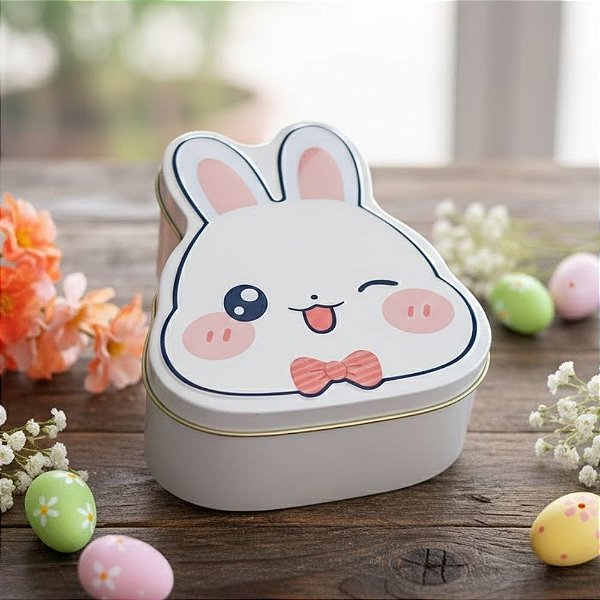 Lata de Metal de Páscoa - Coelhinho Branco de Gravata - 15x13x8cm - 1 unidade - Cromus - Rizzo