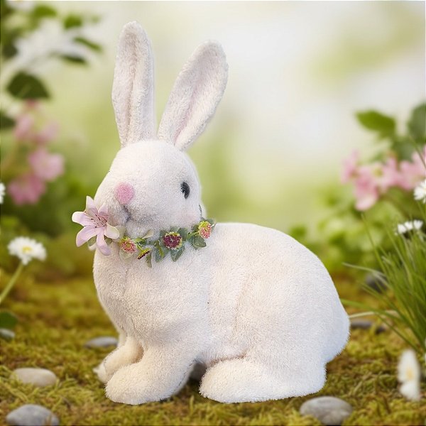 Enfeite Decorativo de Páscoa - Coelho com Colar de Flores - 22x29x14cm - 1 unidade - Cromus - Rizzo