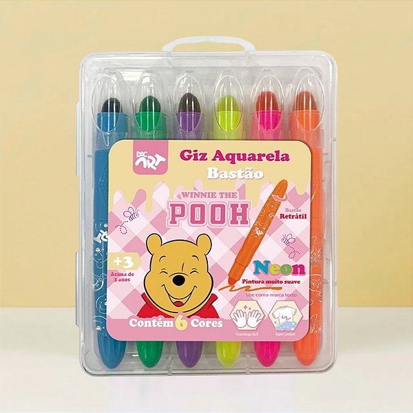 Giz Aquarela Neon Bastão - Ursinho Pooh - 6 Cores - Disney Original - 1 unidade - Rizzo