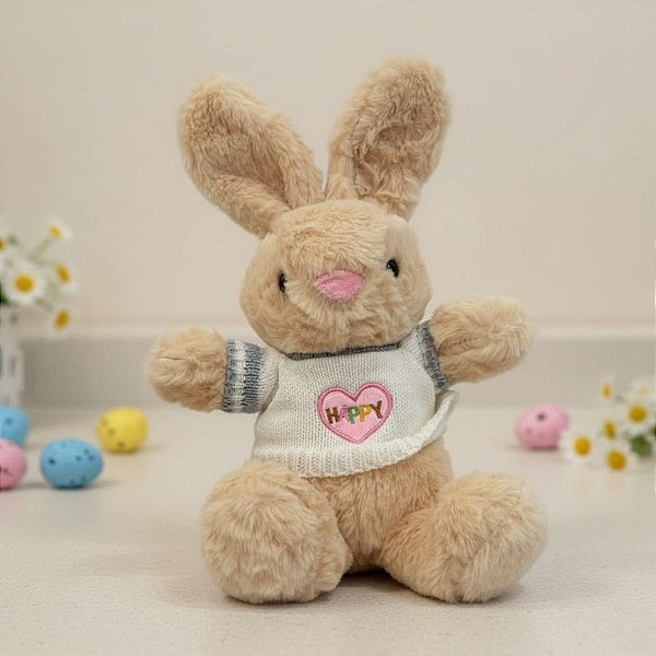 Coelho de Pelúcia Bege com Blusa Happy - Branco e Azul - 38,5x24x14cm - 1 unidade - Rizzo