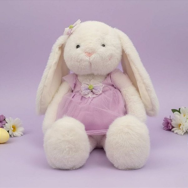Coelho de Pelúcia Branco de Vestido - Roxo - 62x30x17cm - 1 unidade - Rizzo