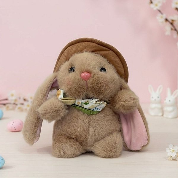 Coelho de Pelúcia Marrom de Chapéu - 14,5x13,5x9cm - 1 unidade - Rizzo