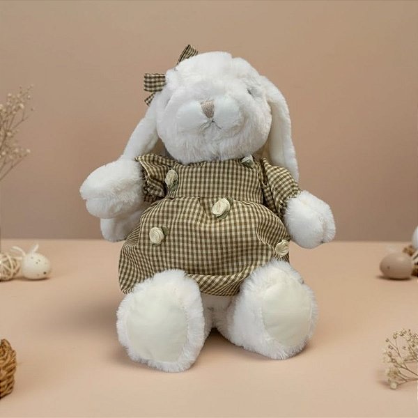 Coelho de Pelúcia Branco com Vestido Xadrez - Marrom - 31x23x8cm - 1 unidade - Rizzo