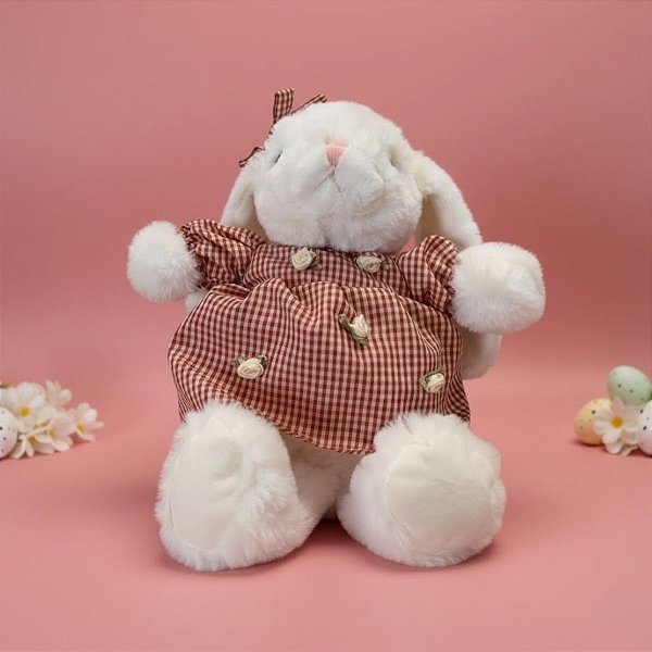 Coelho de Pelúcia Branco com Vestido Xadrez - Vermelho - 31x23x8cm - 1 unidade - Rizzo