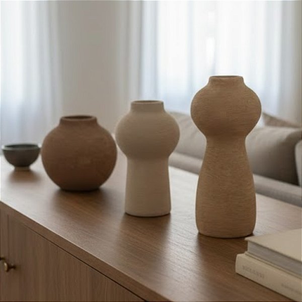 Kit Vasos Decorativos Orgânicos de Cerâmica - Marrom, Off-White e Natural - 3 peças - 24x18x10cm - 1 unidade - Cromus -