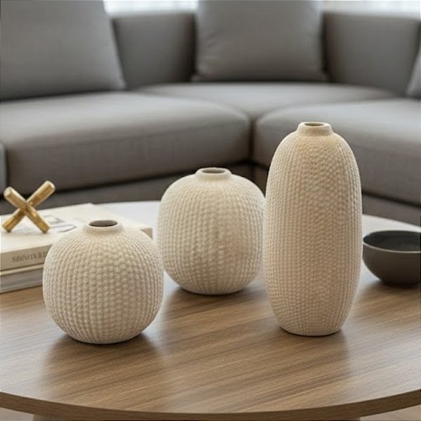 Kit Vasos Decorativos Orgânicos de Cerâmica - Off-white - 3 peças - 24x17x10cm - 1 unidade - Cromus - Rizzo