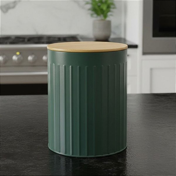 Pote Organizador de Metal com Tampa de Bambu - Verde - 17,5x13x13cm - 1 unidade - Cromus - Rizzo
